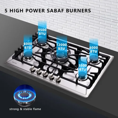 Miniatura 2 de Placa de cocina de gas de 30 pulgadas, estufa de gas de acero inoxidable empotrada de 5 quemadores, encimera de gas convertible GLP/GN, placa de gas