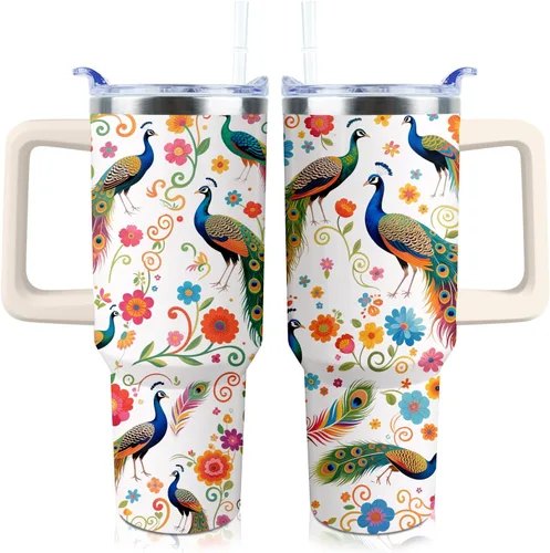 Miniatura 14 de Vaso de 40 onzas con asa y tapa con popote a prueba de fugas, diseño de pollo y gallo, taza de viaje de café con asa aislada para bebidas frías