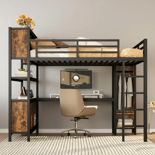 Miniatura 17 de SOFTSEA Cama tipo loft de metal completo con escaleras y armario, cama alta para niños con barandillas en forma de casa y estantes de Negro