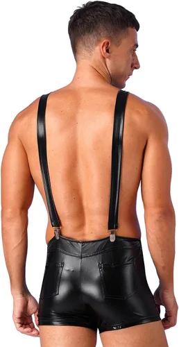 Miniatura 3 de Overol corto metálico brillante para hombre, con correas ajustables, enterizo de una pieza para fiesta, vestido elegante para club