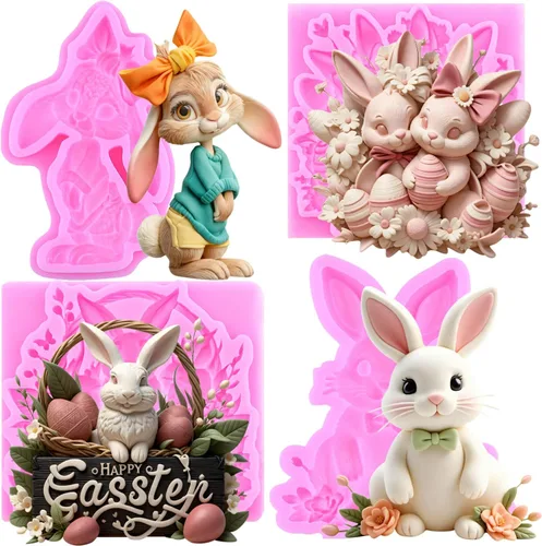 Miniatura 5 de Mujiang Molde para fondant de conejo, orejas de conejo de Pascua, moldes de silicona para decoración de pasteles, juego de 4