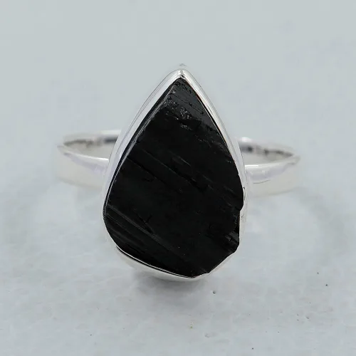 Miniatura 2 de Jaipur Silver Jewels - Anillo de rebanada de turmalina negra sin cortar crudo, anillo de plata liso en forma de pera, la mejor joyería de regalo