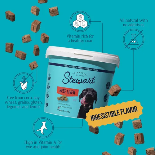Miniatura 5 de Golosinas de hígado de res para perros Stewart, 21 oz, ~475 piezas, liofilizadas crudas, de un solo ingrediente, con 50% de proteína