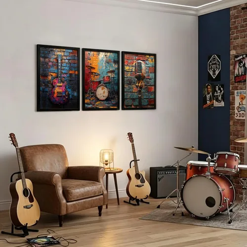 Miniatura 2 de NCCXNCC 3 piezas de arte de pared con marco negro con temática musical, lienzo, pintura, guitarra, tambor, micrófono, decoración de pared