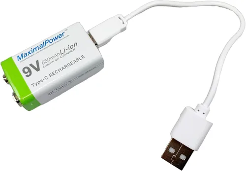 Miniatura 8 de MaximalPower Batería recargable de iones de litio de 9 V de 650 mAh con cable de carga USB tipo C para detectores de humo, alarma digital, pedales