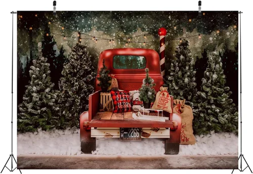 Miniatura 3 de BELECO Telón de fondo rojo de Navidad de 12 x 8 pies para fotografía, bosque nevado de invierno, regalos de automóvil, camión, Navidad, fondo