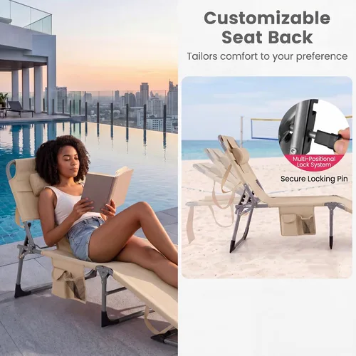 Miniatura 8 de Goplus Silla bronceadora, silla de playa plegable con agujero para cara y brazo, posición ajustable, almohada extraíble, bolsillo lateral, silla