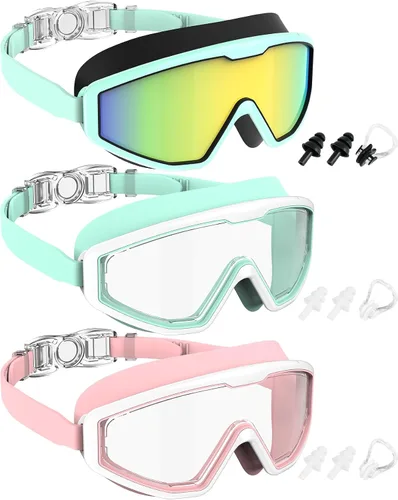 Miniatura 20 de NSSIW Gafas de natación para niños, antiniebla, sin fugas, con clip para la nariz, tapones para los oídos para niñas, niños y jóvenes, 6-14, paquete