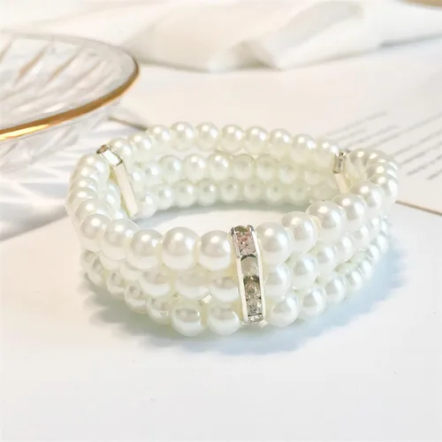 Miniatura 8 de Pulsera de perlas de imitación de 3 filas para mujeres y niñas, vintage, multicapa, con diamantes de imitación, pulsera elástica de perlas