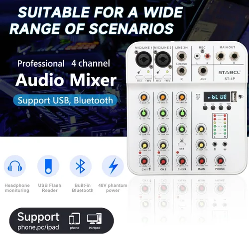 Miniatura 2 de Mezclador de audio de 4 canales pequeño, consola de mezcla de mesa de sonido con USB digital Bluetooth alimentación fantasma de 48V y eco, pequeña