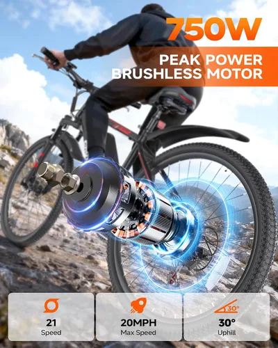 Miniatura 2 de Totem Bicicleta Eléctrica para Adultos, 750W Pico 26" Bicicleta Eléctrica para Hombres Mujeres Adolescentes con Batería 375WH, 21 Velocidades 20Mph
