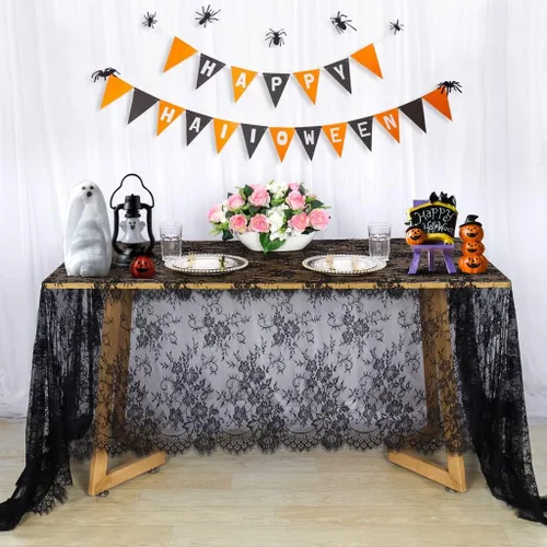 Pardecor Mantel rectangular de encaje bordado negro de 60 x 120 pulgadas, elegante decoración de mesa de cumpleaños, mantel de encaje floral, mantel