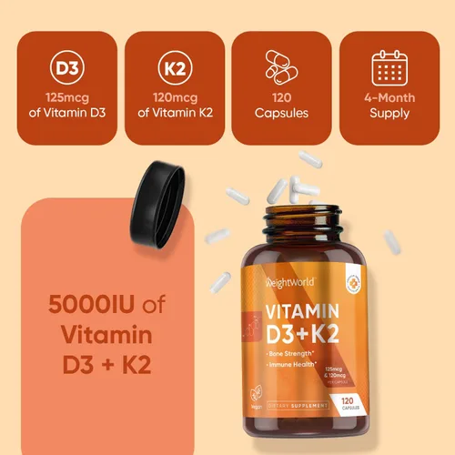 Miniatura 9 de WeightWorld Vitamina D3 K2 5000IU Cápsulas para fortaleza ósea, dientes, salud inmunológica y máxima absorción de calcio – 120 unidades – K2 D3