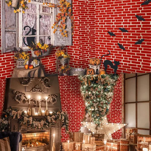 Miniatura 4 de Chumia 6 manteles de ladrillo rojo, fondo de pared de ladrillo de plástico de 54 x 108 pulgadas, mantel rectangular para decoración de fiesta