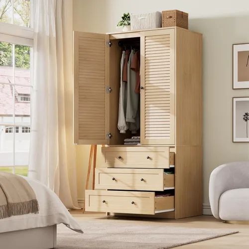 Miniatura 11 de GarveeHome Armario para guardar ropa con cajones, armario de madera de 69.5 pulgadas con barra para colgar, armario de almacenamiento para ropa