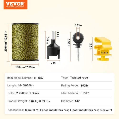 Miniatura 7 de VEVOR - Alambre para valla eléctrica, 1640 pies 500 m de alambre de polietileno portátil, diámetro de 1/8 pulgadas, 6 hebras de acero inoxidable