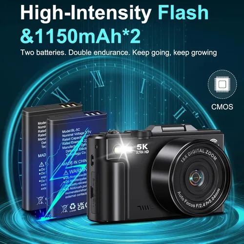 Miniatura 8 de Cámara digital 5K para fotografía - Cámara WiFi de 75MP para YouTube - Cámaras digitales UHD 18X Zoom con pantalla abatible de 3 pulgadas 180°