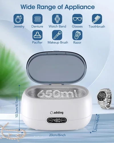 Miniatura 6 de Adiding - Máquina limpiadora de joyas ultrasónica, limpiador profesional de anteojos y anillos de 650 ml con temporizador digital de 5 modos
