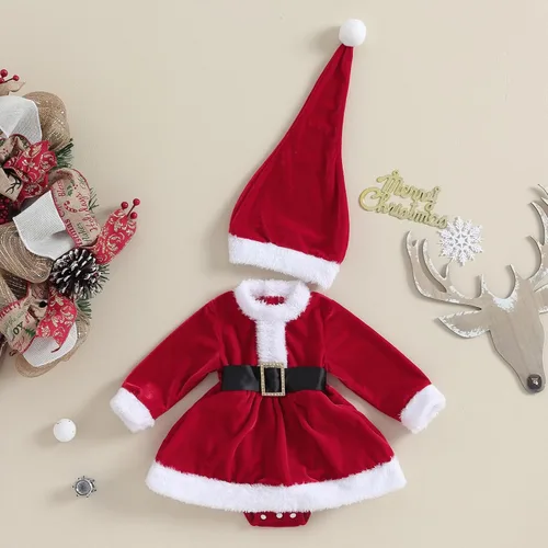 Miniatura 2 de Mameluco de Navidad para bebé recién nacida, vestido de terciopelo rojo, 2 piezas, ropa de Navidad para bebé