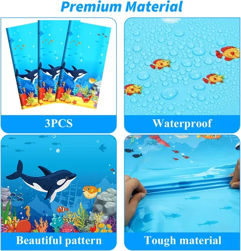 Miniatura 3 de Juego de 3 manteles de plástico con diseño de tiburón y animales bajo el mar, 106 x 54 pulgadas, diseño de ondas oceánicas para baby shower, playa