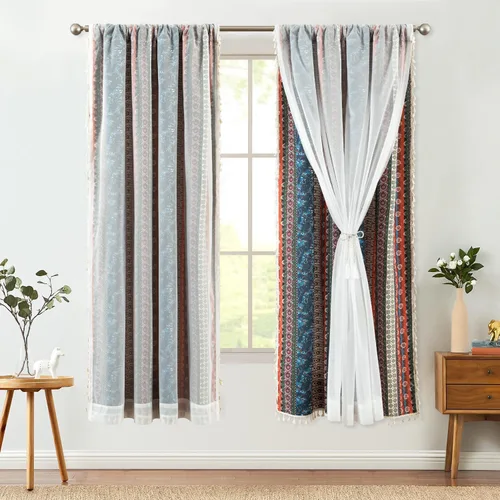 VOGOL Cortinas bohemias de estilo vintage, cortinas semitransparentes con estampado de rayas coloridas para sala de estar, cortina de ventana con