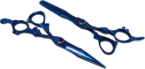 PRO - Tijeras de peluquero afiladas con mango de dragón azul y tijeras de adelgazamiento, peso ligero, fabricado en Alemania, acero premium con