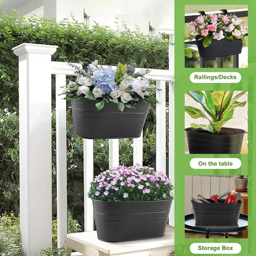 Miniatura 3 de Macetas colgantes ovaladas de hierro de 10.6 pulgadas, macetas de metal resistentes al óxido con ganchos desmontables para jardín, patio