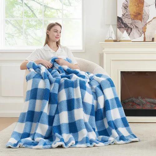 Miniatura 24 de Cozy Bliss Manta Sherpa de lujo para sofá, manta gruesa reversible de cuadros Buffalo de alta calidad, cálida y acogedora manta suave para el hogar