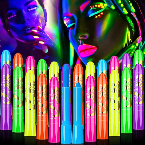 Handepo 24 piezas de crayones de pintura facial que brillan en la luz negra, kit de pintura de luz UV, kit de pintura fluorescente de Halloween para