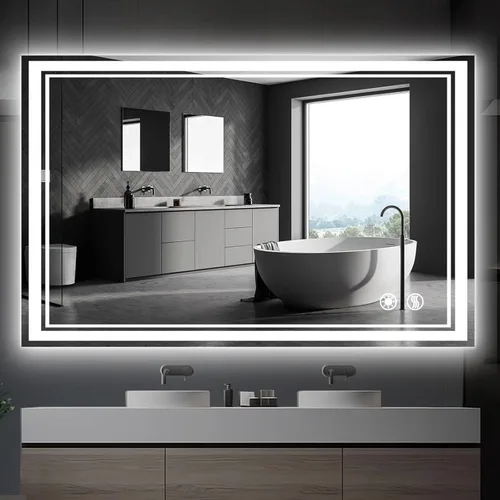 Espejo LED de 48 x 28 pulgadas para baño, espejo de baño antivaho con luces regulables, 3 colores, luces delanteras y retroiluminadas, espejo de