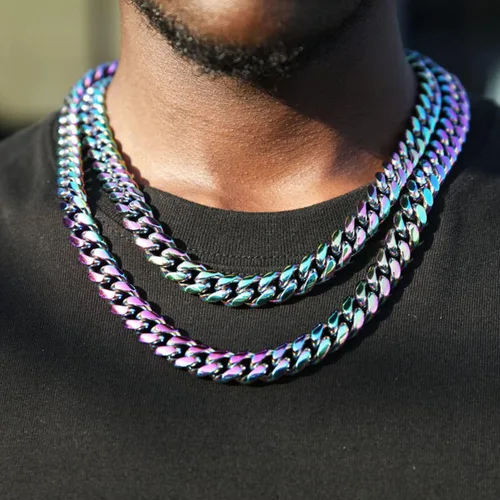 Miniatura 4 de Rowin&Co Mens Chunky Miami Cuban Link Chain - Rainbow Multicolor Stainless Steel Curb Necklace, Nickel-free, Colorful Chains, Hip Hop Jewelry Choker