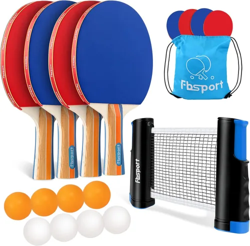 Miniatura 8 de FBSPORT Set de palas de ping pong, juego de tenis de mesa con 4 raquetas y 8 bolas, red retráctil con bolsa de almacenamiento - accesorios de pala 4