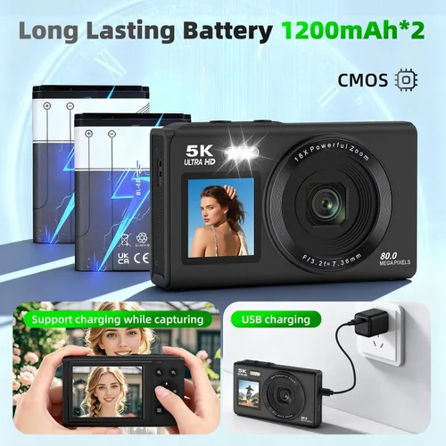 Miniatura 8 de Cámaras digitales de 5K 80MP para fotografía con pantalla dual, cámara de enfoque automático para vlogging para YouTube, cámara compacta de apuntar