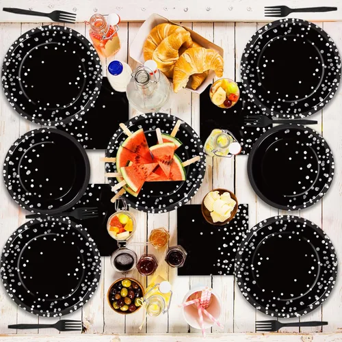 Miniatura 5 de gisgfim 96 piezas de suministros para fiesta en negro y plata, platos de papel, servilletas con punto plateado sobre negro, juego de mesa