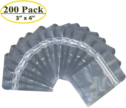 Miniatura 2 de Paquete de 200 bolsas de Mylar con cremallera de 3 x 4 pulgadas, bolsas de plata transparente resellables, bolsas reutilizables de papel de aluminio