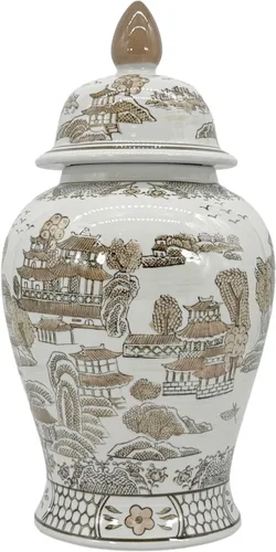 Galt International Jarrón de Templo de Cerámica Chinoiserie Floral Marrón y Blanco de 18" con Tapa - Jarrón de Jengibre Decoración para Hogar y Azul