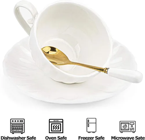 Miniatura 4 de Yesland Juego de 6 tazas y platillos de té real, juego de té de porcelana blanca de 6 onzas y tazas de café británicas, tazas de café con leche
