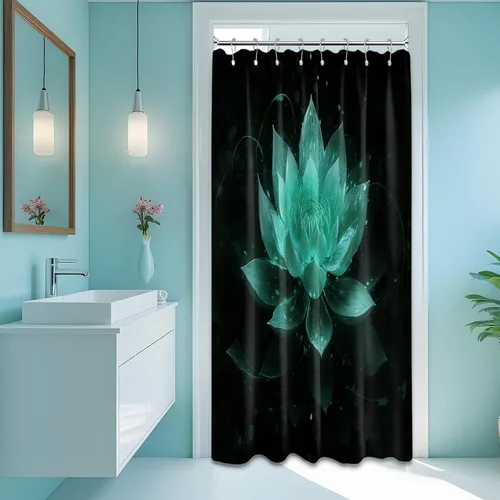 Miniatura 57 de Cortina de ducha con flores de loto negro y azul para decoración de baño, juego de cortinas decorativas de baño con estampado floral, tela