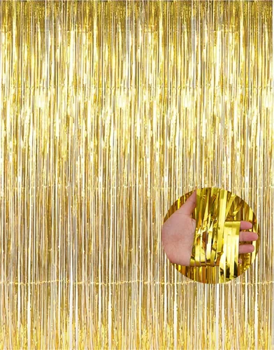 Miniatura 4 de Paquete de 4 cortinas de flecos de papel de aluminio dorado, telón de fondo metálico brillante para decoraciones de fiestas, reutilizables