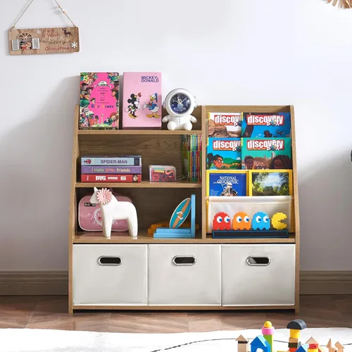 Miniatura 6 de Marcytop Montessori - Estantería y organizador de almacenamiento de juguetes, estantería de madera 3 en 1 con 3 contenedores de tela para juguetes