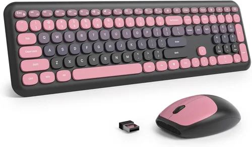 Miniatura 10 de Combo de teclado y mouse inalámbricos de 104 teclas, tamaño completo, color azul con teclas redondas silenciosas, ideal para portátiles y Azul blanco