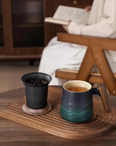 Miniatura 2 de ZENS Taza de Té de Cerámica en Relieve con Infusor y Tapa, 14.5 oz, Asa de Madera, Tazas Infusoras de Té de Hojas Sueltas y Colador para Regalos