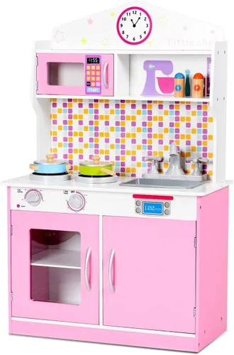 Miniatura 2 de OLAKIDS - Juego de cocina para niños, cocina de madera para niños pequeños con sonidos reales, estufa, microondas, horno, fregadero, gabinete