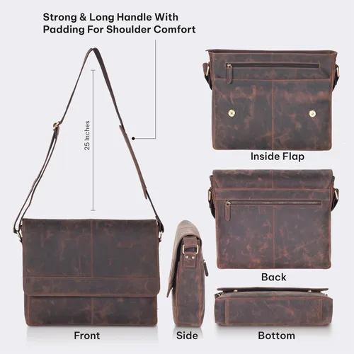 Miniatura 4 de VALENCHI Bolsa tipo mensajero de cuero de grano completo para laptop de 15.3 pulgadas para hombres y mujeres, compartimento acolchado para laptop