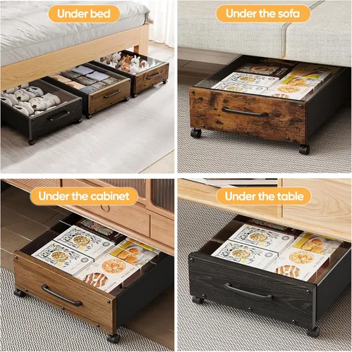 Miniatura 7 de KITHELP Almacenamiento de madera debajo de la cama con ruedas, contenedores de almacenamiento rodantes debajo de la cama con tapa extraíble, cajones