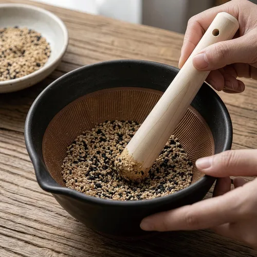 Miniatura 6 de Asayu Japanese Ceramic Black Mortar Bowl with Wooden Pestle 6.3 in (160 mm), Made in Japan Dishwasher and Microwave Safe Ripple Ridge Suribachi and