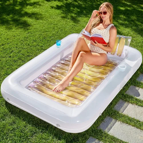 Miniatura 22 de SLOOSH Flotador inflable para adultos, con almohada, 216 x 145 cm, 4 en 1: balsa estilo tina bronceadora, camastro para tomar el sol, para fiestas