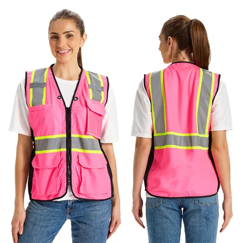 Miniatura 11 de Chaleco de Seguridad de Alta Visibilidad para Mujeres, Chaleco de Construcción de Trabajo con Cintura de Cordón con Bolsillos y Cremallera, Chaleco