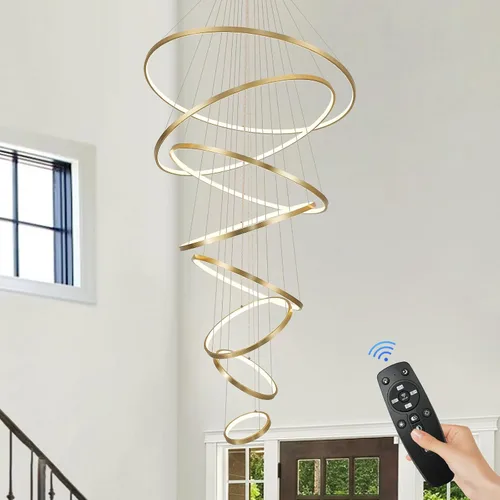 Miniatura 10 de Candelabro LED Moderno de Techo Alto 5 Anillos Dorados Candelabros Vestíbulo Regulable Accesorio de Luz Colgante de Techo Contemporáneo Candelabro