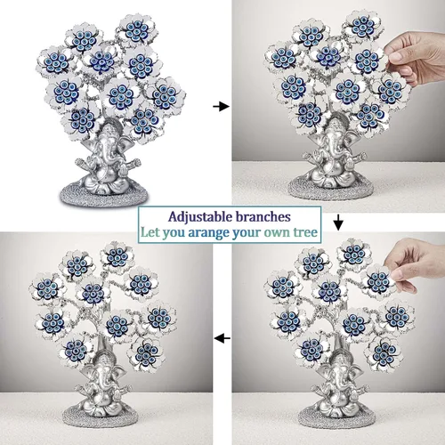 Miniatura 3 de Árbol de la suerte de flores de ojo malvado con elefante hindú plateado Ganesha, estatua de Dios para oficina en casa, adorno de protección Feng